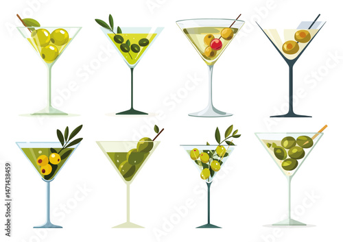 Set of  Olive in martini glass Flat Vector Illustration on Transparent Background