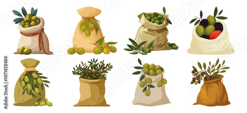 Set of Olive harvest sack Flat Vector Illustration on Transparent Background