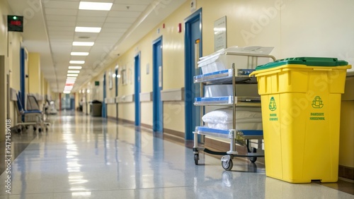 Clean and Well-Lit Hospital Corridor with Medical Equipment, Waste Bins, and Cart Under Daytime Lighting for Health Care Facilities.