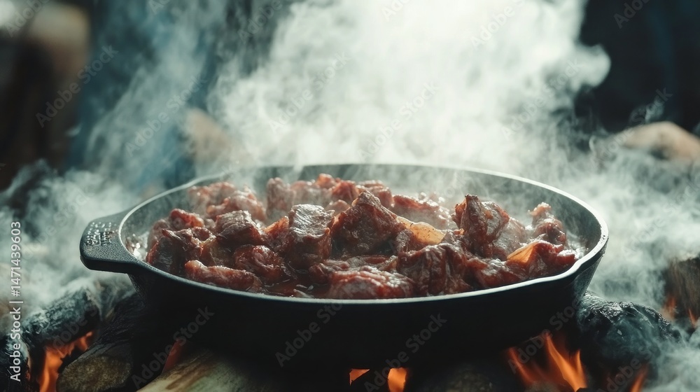 Outdoor cooking of seasoned meat in a cast iron pan. Outdoor cooking of seasoned meat in a cast iron pan.