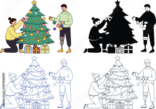 Christmas couple with prosthetic leg decorating tree in color, silhouette, and outline styles