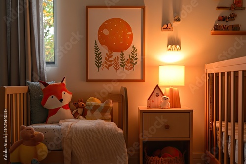 Woodland-themed nursery with illustrated fox print nature toys and warm lamp glow