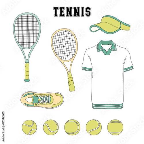 Canvastavla Retro Tennis equipment Game Day vector clip-art set isolated on white