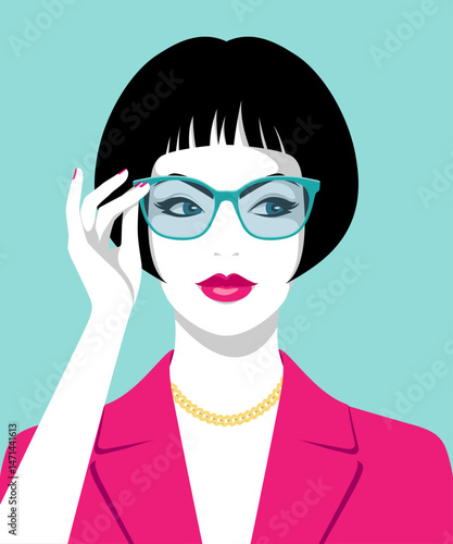 1559_Vector illustration of beautiful woman with short bob haircut wearing elegant optical glasses, fashionable purple suit and gold chain