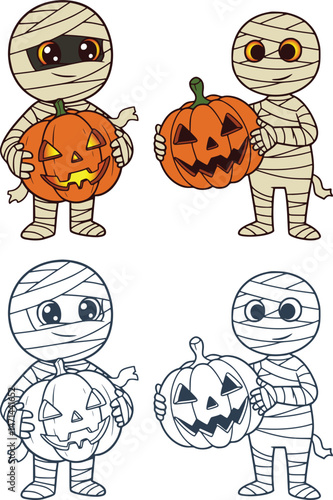 Adorable cartoon mummy characters holding carved jack-o'-lantern pumpkins in both color and outline drawing styles
