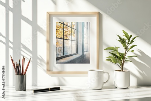 Workspace decor with poster mockup pen cup and coffee mug