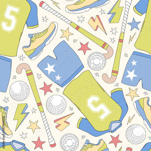 Retro Field Hockey team equipment Game Day vector seamless pattern. Boyish Sports Sporty Boy background.
