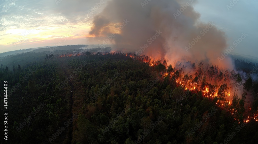 Fototapeta premium A panoramic view of extensive forest burning fiercely, smoke filling the air, underscoring the catastrophic environmental damage.
