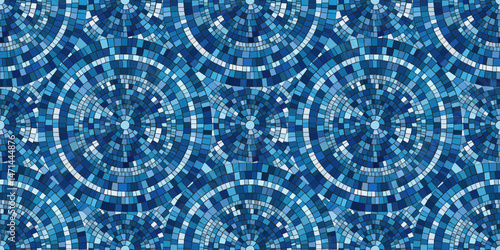 Seamless pattern blue Circular Mosaic. Decorative Antique Stone Ornament.