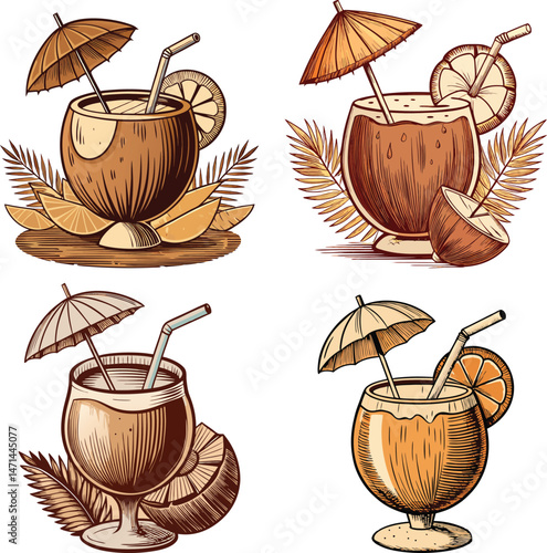 Tropical Cocktail Collection Summer Drinks Coconut Glasses, Drinks with Straws, Umbrella ,Fruits and Leaves Vector Illustration