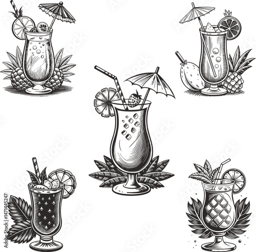 Tropical Cocktail Collection Hand Drawn Illustrations Summer Drinks Menu Design, Drinks  with Straws, Umbrella ,Fruits and Leaves Ink Sketch Black and White Engraving Monochrome Vector Illustration