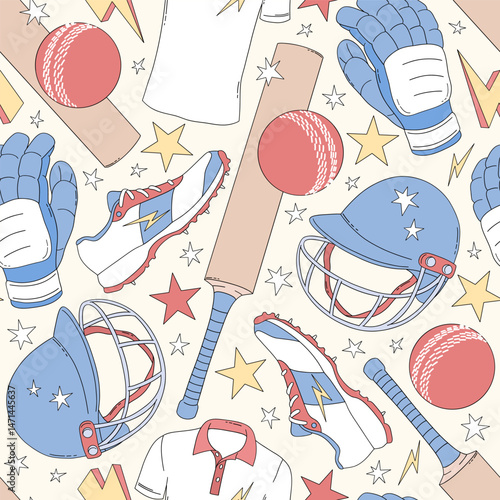 Retro Cricket team equipment Game Day vector seamless pattern. Boyish Sports Sporty Boy background.