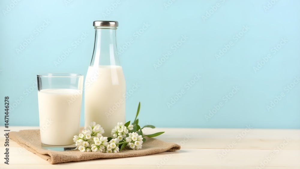 Glass Milk Bottle, Tumbler, and Flowers on Wooden Surface, A bottle of rustic milk and glass of milk on a wooden table Glass Milk Bottle, Tumbler, and Flowers on Wooden Surface, A bottle of rustic milk and glass of milk on a wooden table