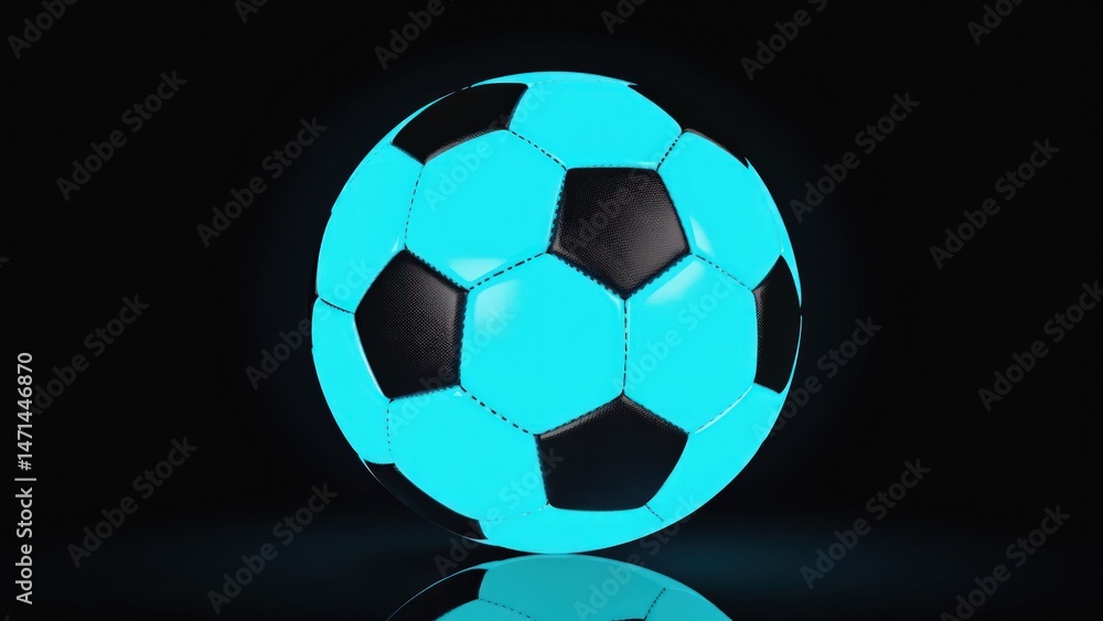 Obraz premium Glowing teal soccer ball on a black background. Detailed 3D rendering of a vibrant teal soccer ball
