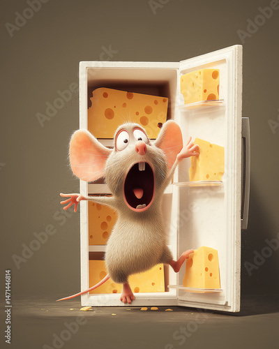 Cheese Dream Turned Nightmare: A cartoon mouse, trapped in an open refrigerator, stares wide-eyed with a look of terror as he's surrounded by an abundance of cheese.