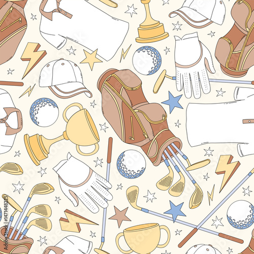 Retro Golf equipment Game Day vector seamless pattern. Boyish Sports Sporty Boy background.