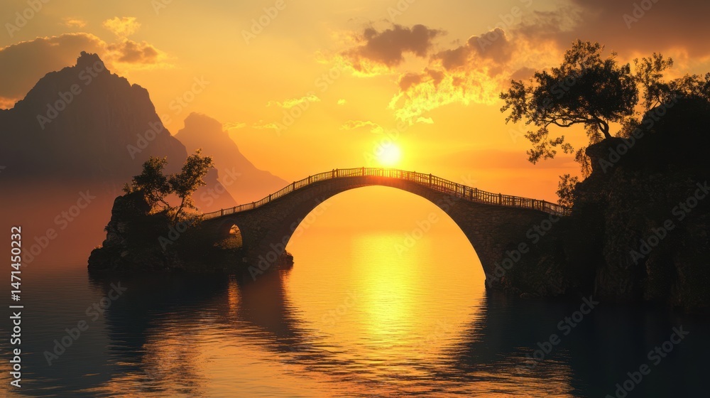 Fototapeta premium Sunset Serenity: A Stone Bridge Arching Over a Calm Lake, Mountains in the Background
