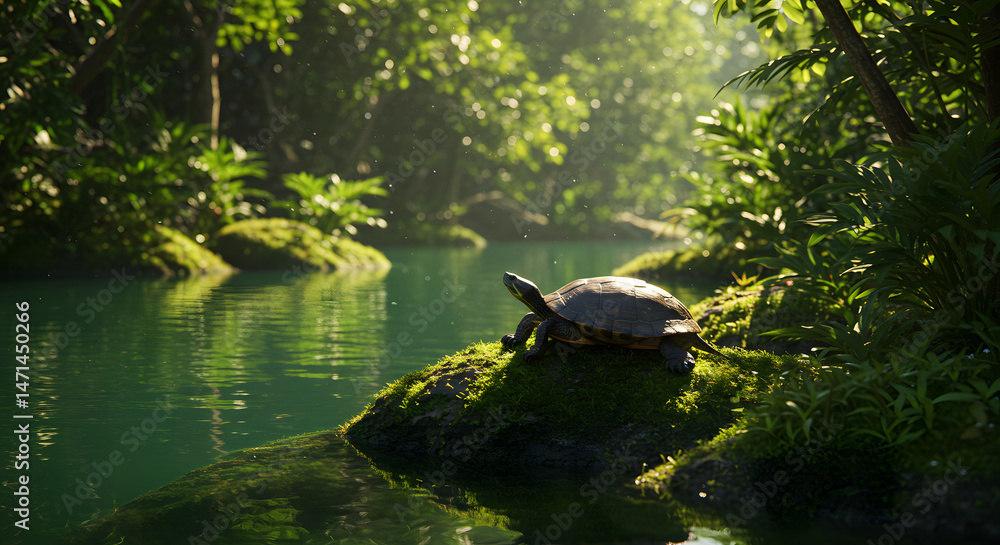 Obraz premium Serene Turtle on Mossy Rock in Lush Tropical Stream