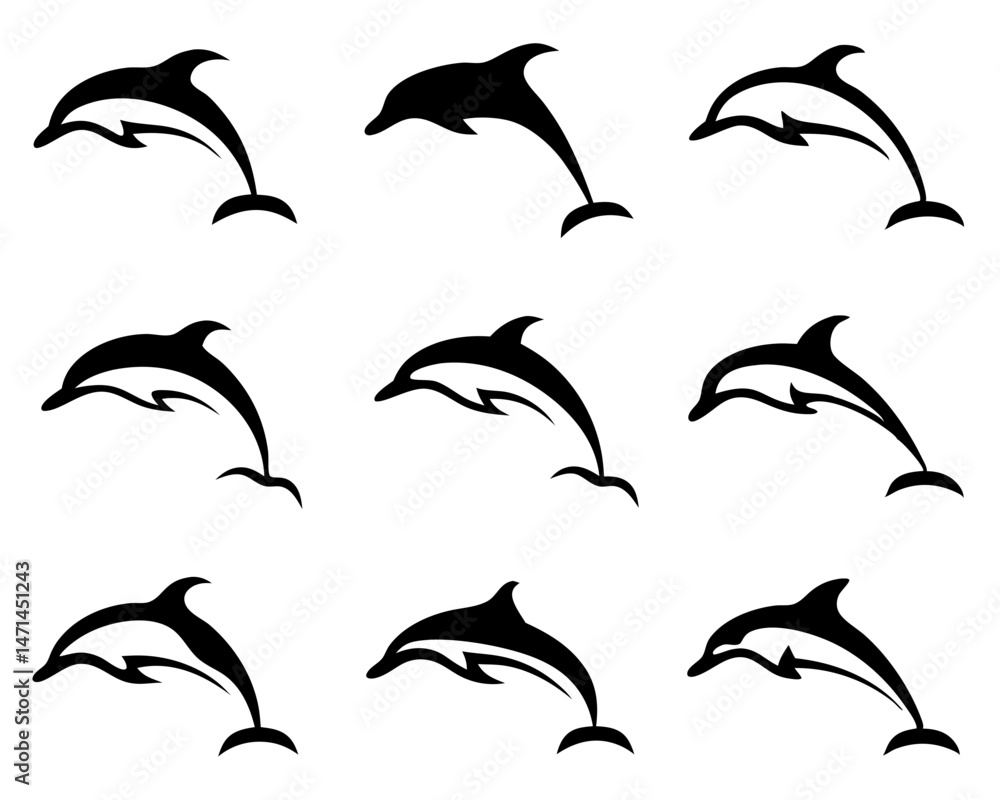 Fototapeta premium Set of Dolphin Silhouettes for Marine Themed Design, Logo and Branding Projects