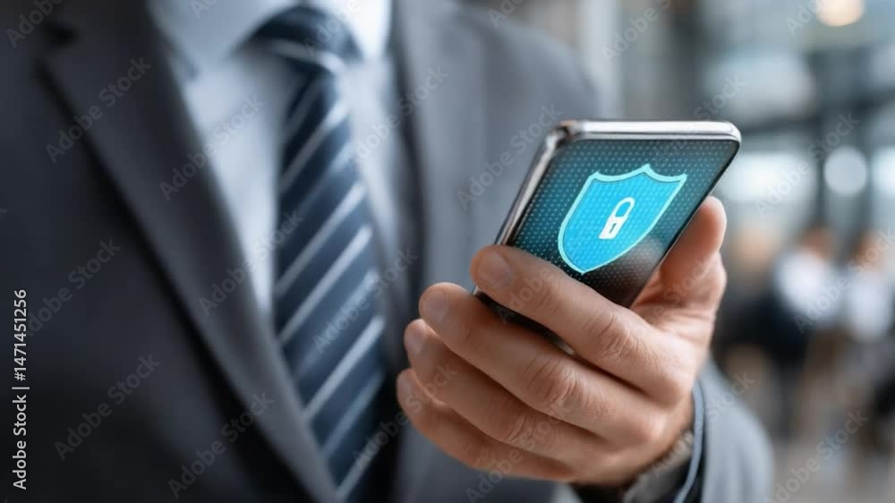Secured Connection: A business professional holds a smartphone displaying a digital shield icon, emphasizing data protection and security in the digital age. Secured Connection: A business professional holds a smartphone displaying a digital shield icon, emphasizing data protection and security in the digital age.