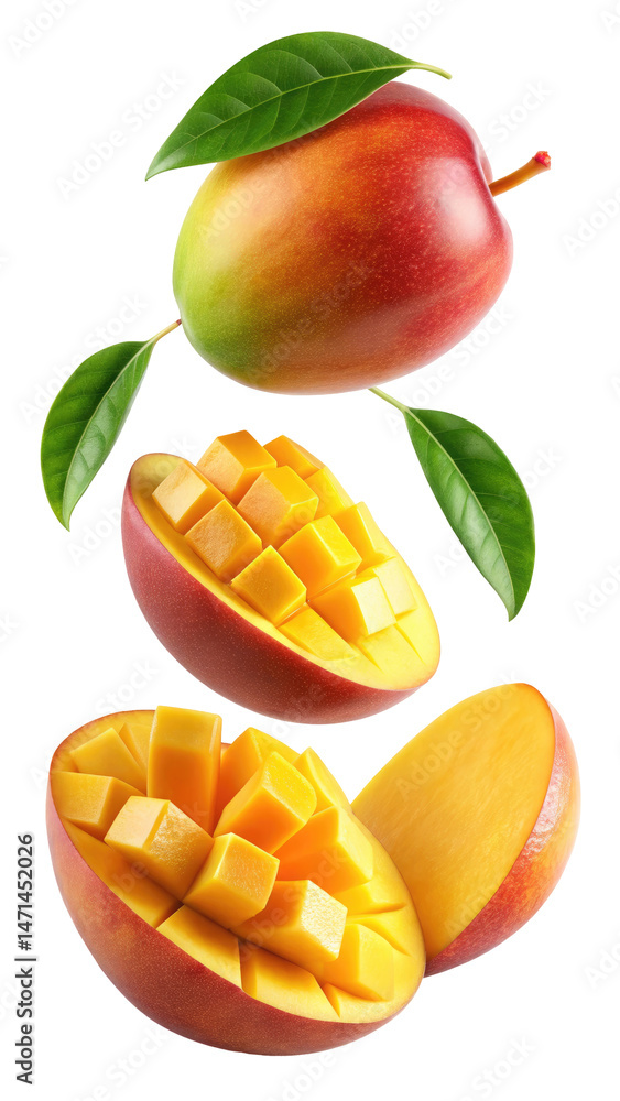 Flying Mango Fruit with Half Slices and Leaves Isolated on White Background Flying Mango Fruit with Half Slices and Leaves Isolated on White Background
