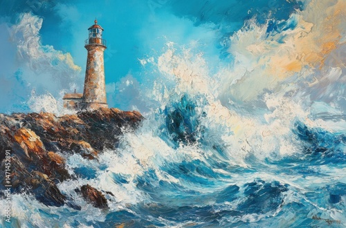 Lighthouse on rocky shore with crashing waves