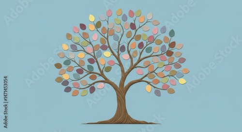 Colorful stylized tree illustration against a light background.