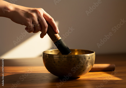 Striking a singing bowl for inner harmony and mindful tranquility session