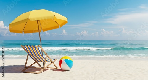This image depicts a relaxing summer vacation on a sandy beach with a yellow umbrella, striped chair, colorful ball, and the ocean under a blue sky.