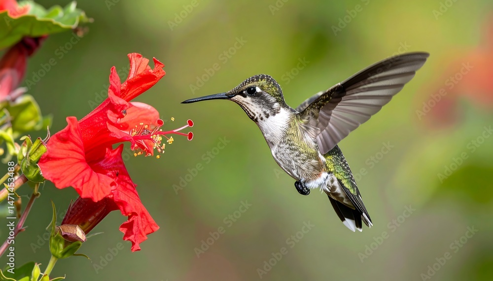Fototapeta premium Hummingbird Feeding on Red Hibiscus Flower