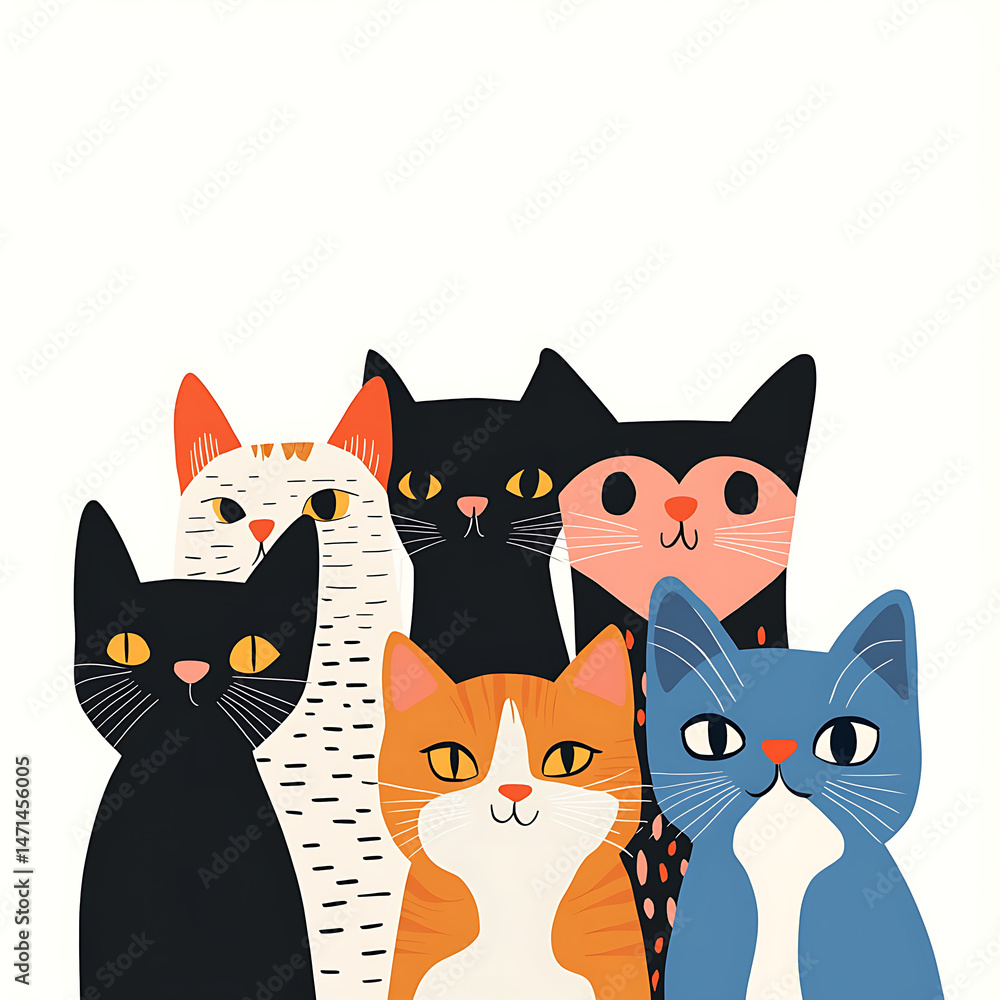 A colorful illustration of six distinct cats with various colors and patterns, standing together A colorful illustration of six distinct cats with various colors and patterns, standing together