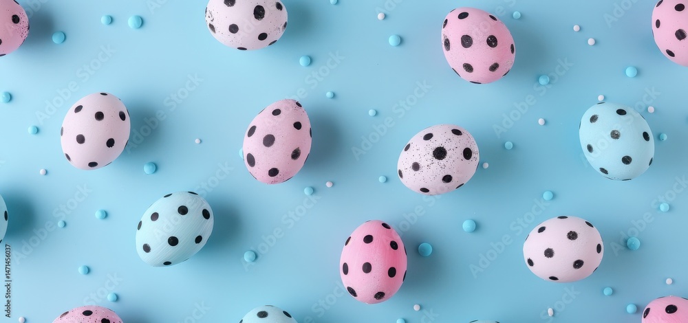 Flat lay banner with pastel Easter eggs and polka dots on solid light blue background, ideal for Easter card designs, spring holiday decorations, and seasonal wallpapers. Flat lay banner with pastel Easter eggs and polka dots on solid light blue background, ideal for Easter card designs, spring holiday decorations, and seasonal wallpapers.