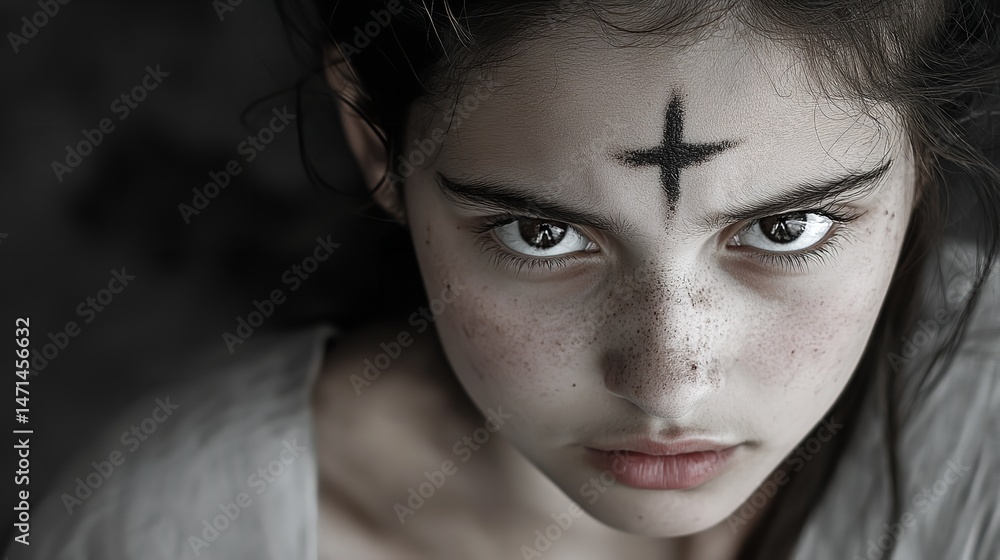 Intense Portrait of a Freckled Girl with Cross Ash on Forehead Dark Eyes Moody Lighting Religion Intense Portrait of a Freckled Girl with Cross Ash on Forehead Dark Eyes Moody Lighting Religion