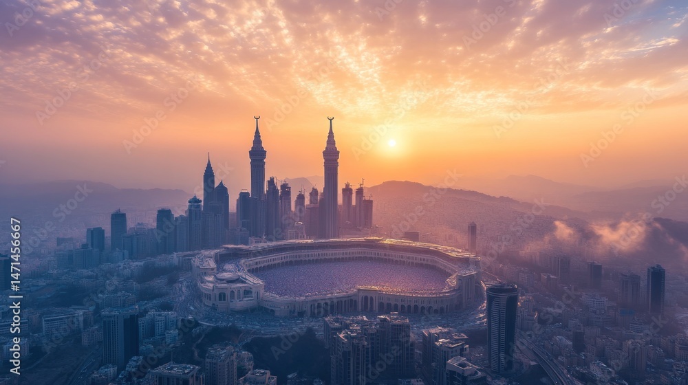 Naklejka premium Majestic Sunrise Over Makkah's Skyline: A Breathtaking Aerial Panorama