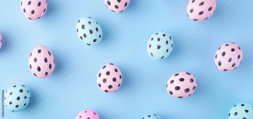 Flat lay banner with pastel Easter eggs featuring black dots on blue background, ideal for Easter card design, spring holiday decorations, and festive banners. Flat lay banner with pastel Easter eggs featuring black dots on blue background, ideal for Easter card design, spring holiday decorations, and festive banners.