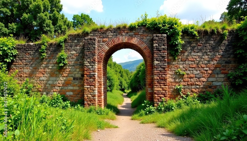 Ancient Roman border wall ruins, overgrown with vegetation, showing age and weathering , travel destination, decay, protective Ancient Roman border wall ruins, overgrown with vegetation, showing age and weathering , travel destination, decay, protective