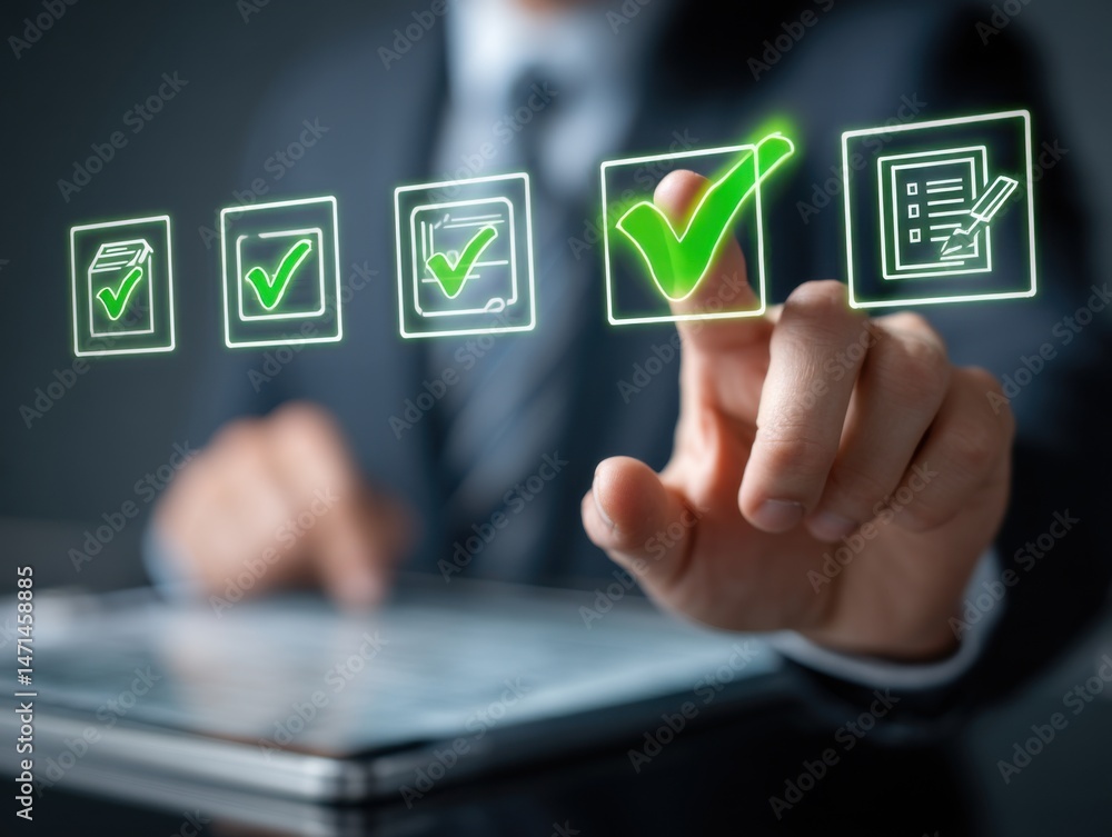 Confident Businessman in Formal Suit Pressing Green Checkmark Symbolizing Success Achievement and Positive Decision Making in Corporate Environment Confident Businessman in Formal Suit Pressing Green Checkmark Symbolizing Success Achievement and Positive Decision Making in Corporate Environment
