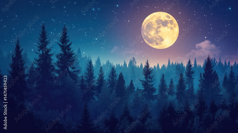 Fototapeta premium Majestic full moon illuminating a dense pine forest under starry night sky