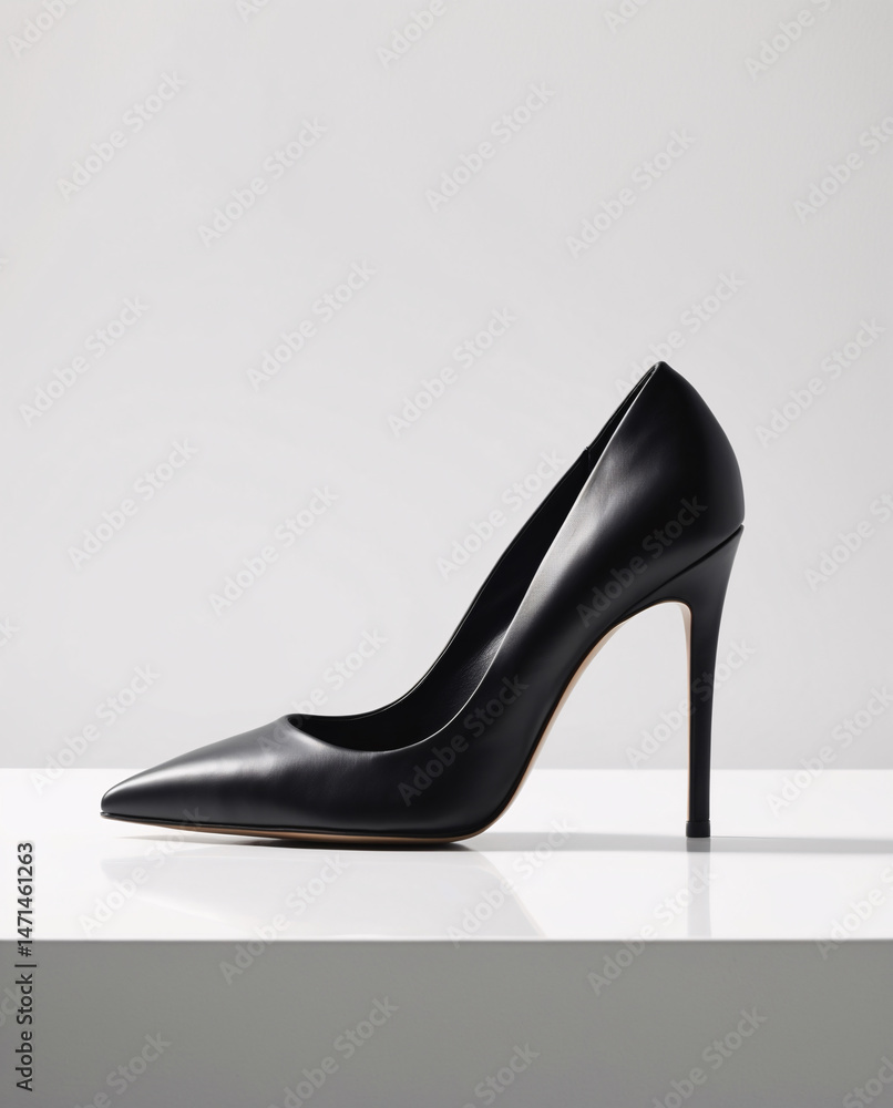 black high heel stiletto leather shoe minimalist design isolated display on white background studio product display photography black high heel stiletto leather shoe minimalist design isolated display on white background studio product display photography