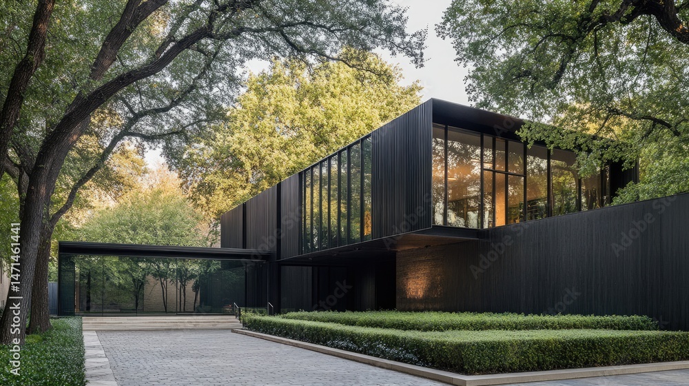 Fototapeta premium Side of home with coordinated neutral wall and structured plant bed