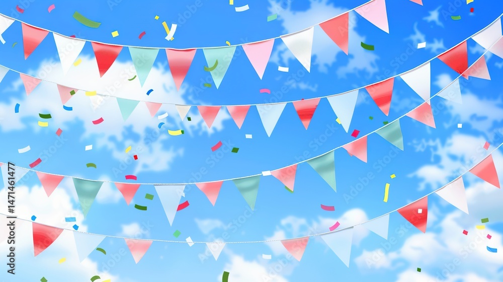 Obraz premium Flag Day Sky Background: Red Flags Soar in the Firmament, Spreading a Grand Poem of the Interweaving of Vast Skies and Fluttering Flags