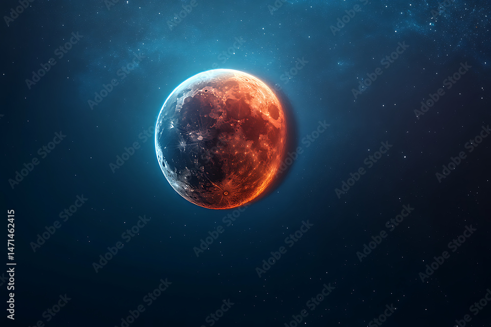 Fototapeta premium Stunning celestial view of a partially illuminated moon against a deep blue starry background