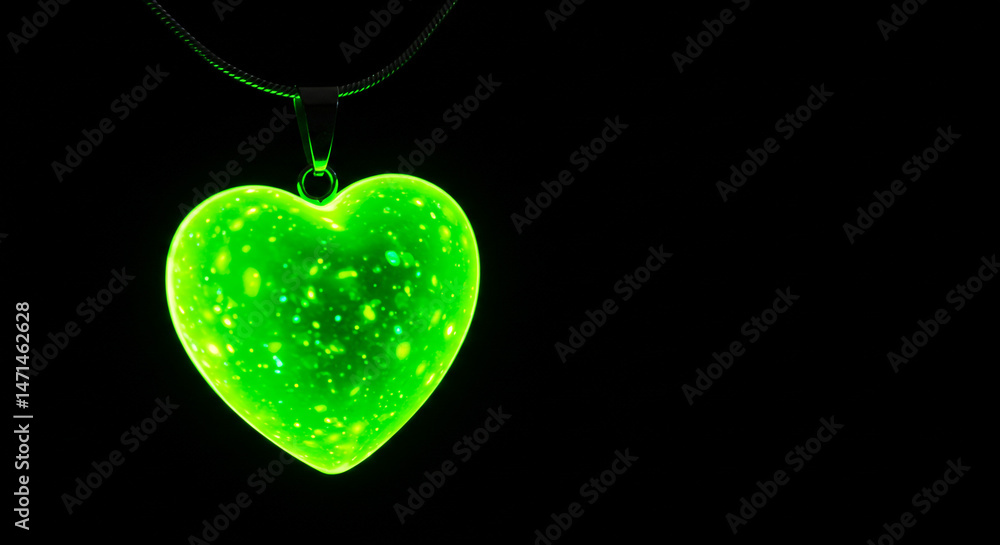 Fototapeta premium Bright green heart pendant glowing in the dark. 