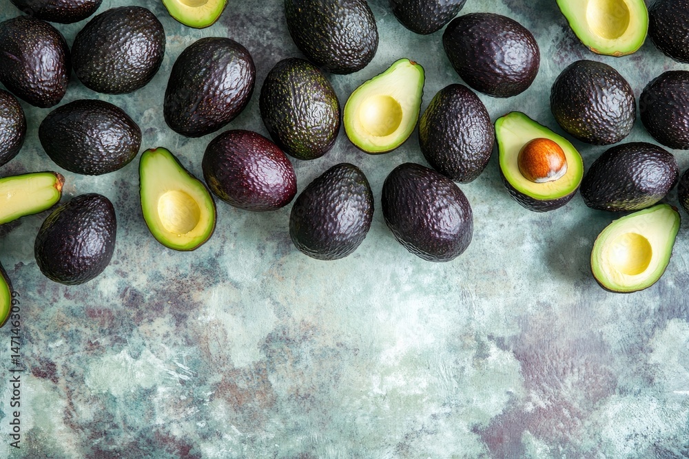 Fresh avocados arranged on a mottled surface Fresh avocados arranged on a mottled surface