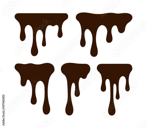 Set of hand drawn long drip of chocolate, glaze, milk, ice cream, gelato, syrup. Outline, silhouette of dripping drop from cake, dessert, isolated on white background in flat style. Vector EPS10