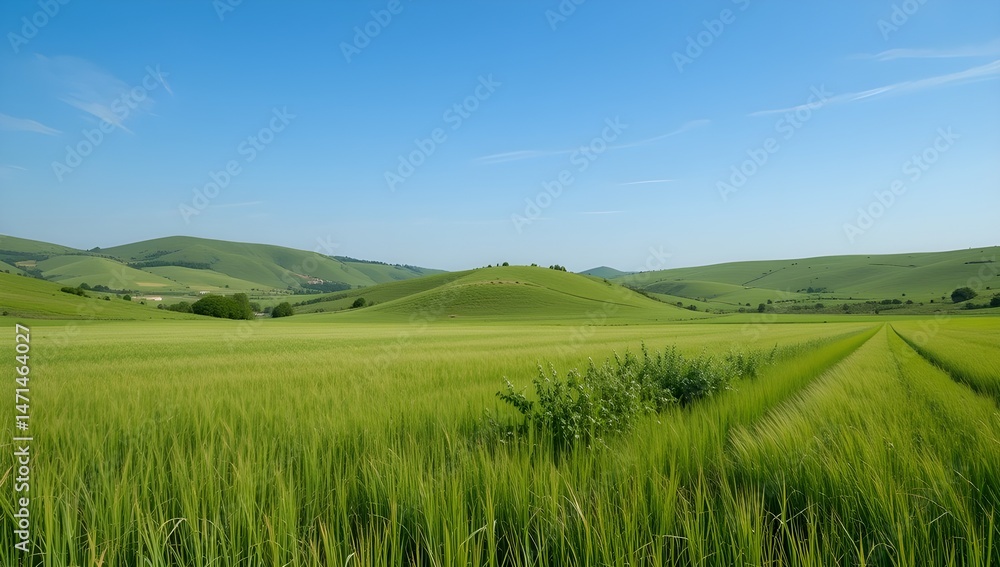 Fototapeta premium Scenic landscape featuring a lush green grass field under a clear blue sky, capturing the beauty of nature in a peaceful outdoor setting.
