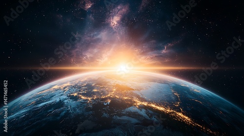 Earth rising in cosmos, vibrant sunrise