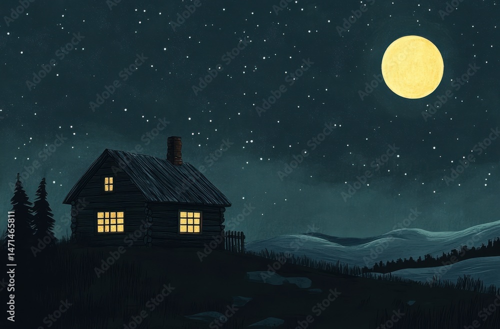Fototapeta premium Minimal cabin at night under full moon and stars