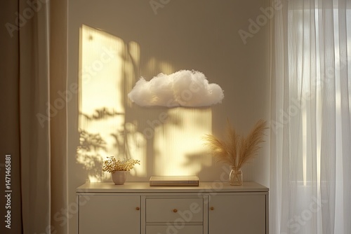 Cloud frame with pastel typography on white cabinet softly backlit by window