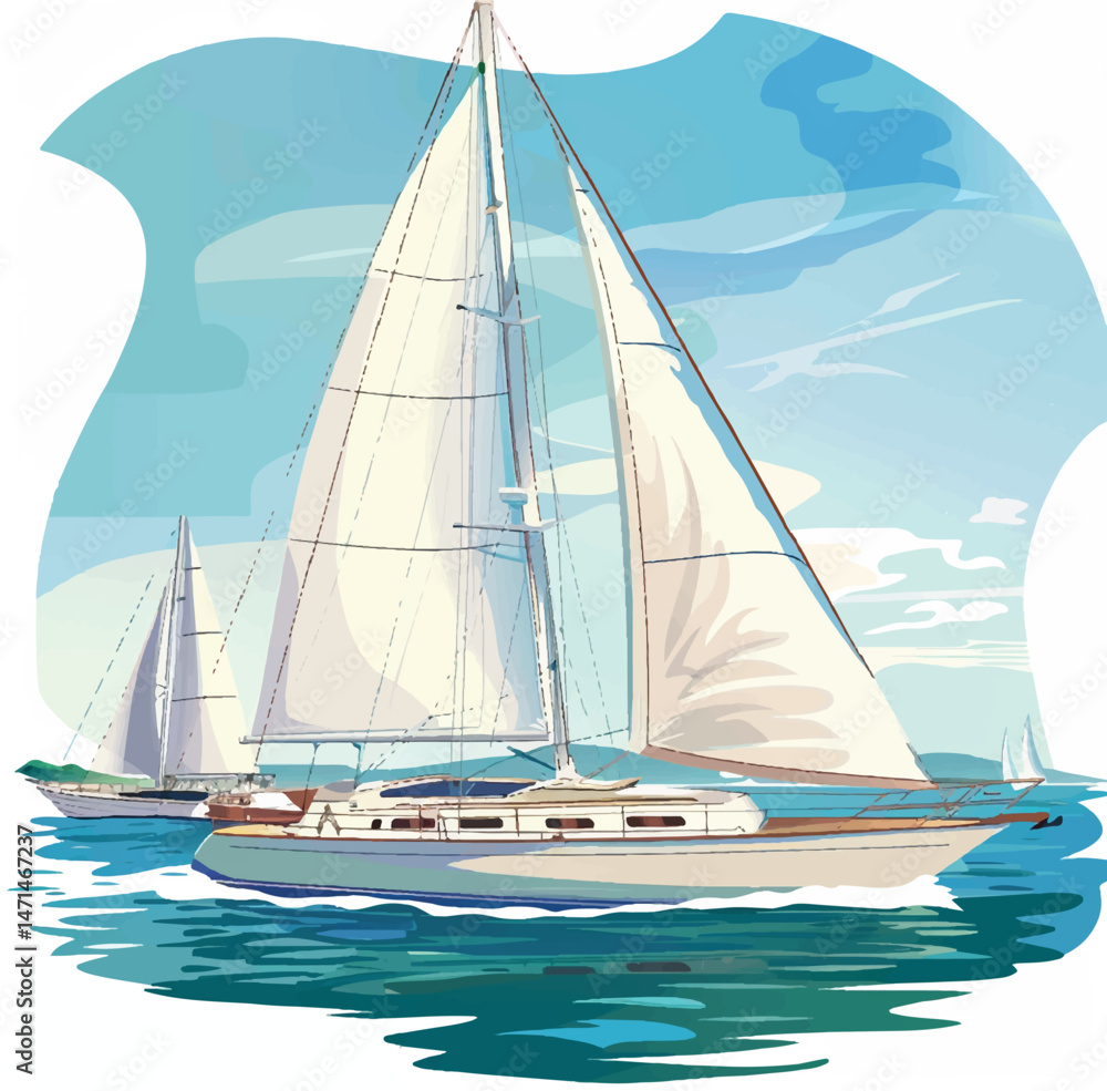 Fototapeta premium travel, illustration, nautical, boat, vector, vacation, sea, ocean, drawing, yacht, summer, sailboat, wave, marine, holiday, sail, water, landscape, seascape, design, yachting, tourism, ship, nature, 